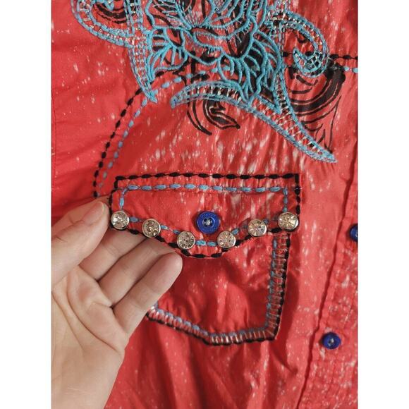 Roar Wild Heart Button Up Shirt in Orange, sz Large - Picture 6 of 15